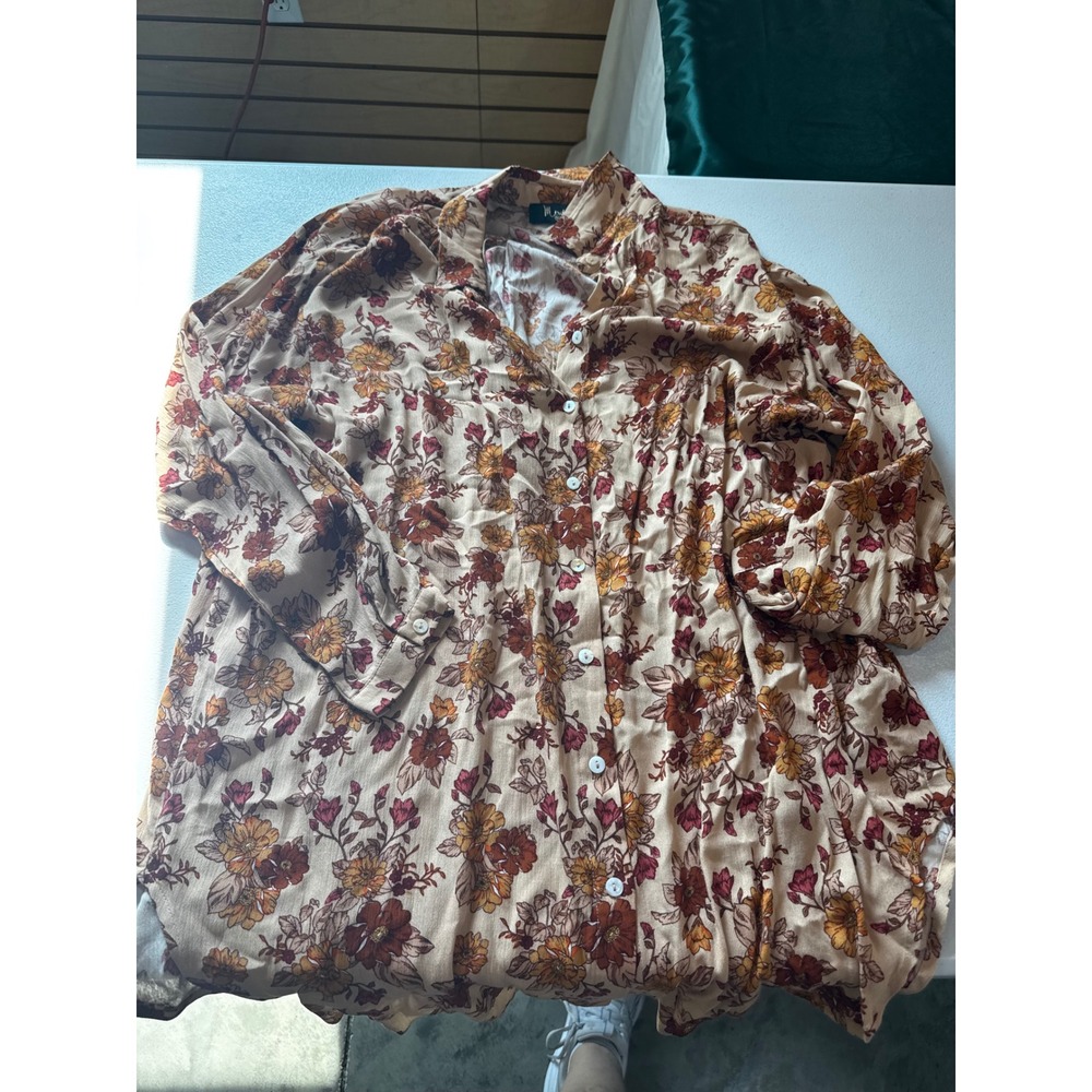 Meritt Womens Floral Button Down Shirt Long Sleeve Tan Orange Brown Blouse M